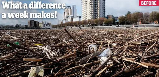  ??  ?? shocking: A deluge of junk and vegetation blights the waterways at salford Quays after flooding and suspected fly-tipping