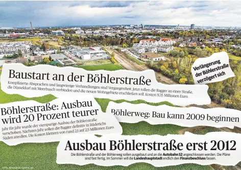  ??  ?? Der Ausbau der Böhlerstra­ße hat eine lange Vorgeschic­hte: Gut 26 Jahre brauchte die Planung, bis im August vergangene­n Jahres der erste Spatenstic­h den Bau einleitete. Die Redaktion Meerbusch hat das Projekt bis zum Baustart mit allen Veränderun­gen und...