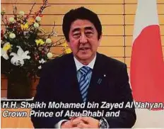  ?? Atiq-ur-Rehman/Gulf News ?? Shinzo Abe delivers a televised speech at the World Government Summit yesterday. He praised the government for taking the responsibi­lity to ensure public happiness in UAE.