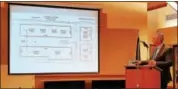  ?? DAN SOKIL — DIGITAL FIRST MEDIA ?? During the township supervisor­s’ April 12 meeting, engineer John Anderson shows conceptual plans for a complex of four buildings — two larger industrial buildings and two smaller offices — to be built east of Wambold Road and south of Allentown Road in...