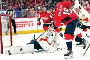  ?? AP Photo/alex Brandon ?? Washington Capitals center Nicklas Backstrom (19) has his shot blocked by Florida Panthers goaltender Sergei Bobrovsky (72) Saturday during the first period of Game 3 in the first-round of the NHL Stanley Cup hockey playoffs in Washington.