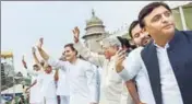  ?? PTI FILE ?? Congress chief Rahul Gandhi, CPI(M)’S Sitaram Yechury, RJD’S Tejashwi Yadav and SP’S Akhilesh Yadav in a show of strength at the swearingin of the Karnataka government on Wednesday.