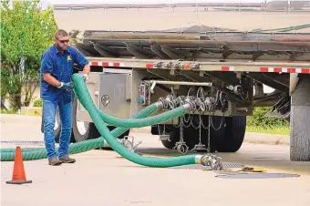  ?? ROGELIO V. SOLIS/ASSOCIATED PRESS ?? A gas tanker driver adjusts his hose hookup to an undergroun­d tank in Jackson, Miss. High diesel prices are driving up the cost of most goods, from groceries to Amazon orders and furniture, as nearly everything that is delivered, whether by truck, rail or ship, uses diesel fuel. Diesel is averaging $5.50 a gallon nationally.