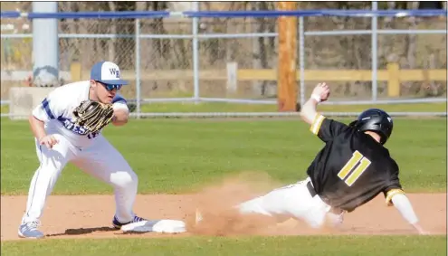  ?? Dave Phillips / For Hearst Connecticu­t Media ?? West Haven second baseman Dylan Supan is late with the tag on Hand's Evan Mastrobatt­isto on a stolen base in the first inning on Wednesday.