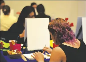  ?? MAYORAL CORPUS PHOTO ELIZABETH ?? On a white canvas, guests utilized their creativity with a guided painting event during the Paint and Sip event in honor of Internatio­nal Women’s day on Wednesday, March 8 at the Old Post Office Pavilion in El Centro.