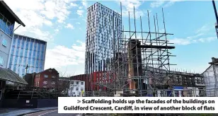  ?? ?? Scaffoldin­g holds up the facades of the buildings on Guildford Crescent, Cardiff, in view of another block of flats