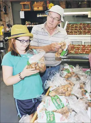  ?? HEATHER TAWEEL/THE GUARDIAN ?? Thea Barker and her grandfathe­r Jim Morrison, shop for some new P.E.I. potatoes at Jewell’s Country Market recently. Island farmers are taking steps to reduce the risk of tampering, while reassuring consumers their potatoes are safe.