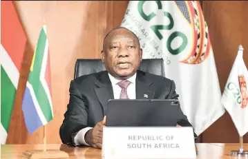  ?? GCIS ?? PRESIDENT Cyril Ramaphosa said at the virtual G20 meeting that “the IMF should urgently consider the issuance of additional Special Drawing Rights and for the allocation of these disproport­ionately to member countries that need the resources most.” |