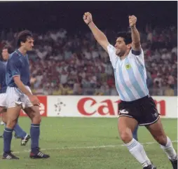  ??  ?? Maradona celebrates a goal during the 1990 World Cup semi-final match between Italy and Argentina in Naples.