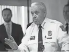  ?? JUNFU HAN/DETROIT FREE PRESS ?? Warren Police Commission­er William Dwyer speaks during a news conference in 2019. He was fired on Tuesday.