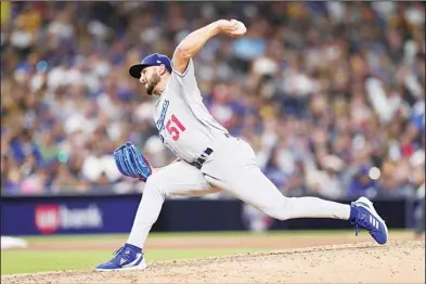  ?? ?? Los Angeles Dodgers relief pitcher Alex Vesia works against the San Diego Padres in the sixth inning of a baseball game, on April 23, in San Diego. (AP)