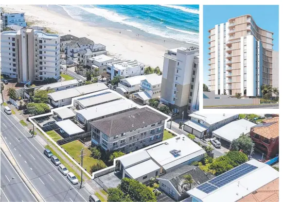  ?? ?? The Gold Coast Highway site at Palm Beach and (inset) the proposed developmen­t.