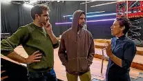  ??  ?? Director Dan Pengelly, left, with cast members Arlo Gibson and Alison Bruce in front of the half-built set for new play The Events.