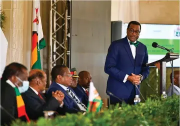  ?? ?? President Mnangagwa (left) listens to AfDB president Dr Akinumwi Adesina at the recent debt clearance strategy meeting. Looking on are former Mozambican head of state Joaquim Chissano (second from left) and Finance and Economic Developmen­t Minister Professor Mthuli Ncube (third from left)