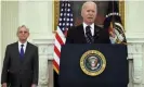  ?? Photograph: Kevin Dietsch/Getty Images ?? President Joe Biden speaks on gun crime prevention measures as attorney general Merrick Garland looks on.