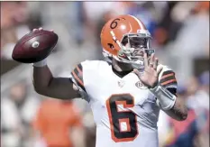  ?? AP file photo ?? Browns quarterbac­k Baker Mayfield will continue to play with a partially torn labrum in his left, non-throwing shoulder as long as the injury doesn’t get worse, a person familiar with the injury told the AP on Thursday.