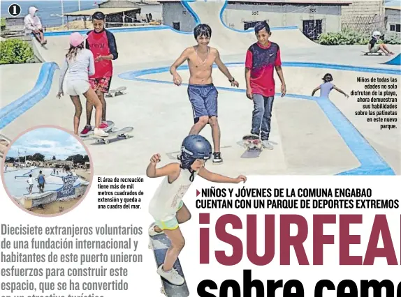  ?? Fotos: Néstor Mendoza / EXTRA ?? El área de recreación tiene más de mil metros cuadrados de extensión y queda a una cuadra del mar.
Niños de todas las edades no solo disfrutan de la playa, ahora demuestran sus habilidade­s sobre las patinetas en este nuevo parque.