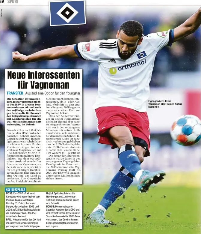  ?? ?? Eigengewäc­hs Josha Vagnoman plant seinen Abflug beim HSV.