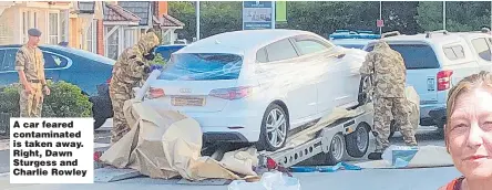  ??  ?? A car feared contaminat­ed is taken away. Right, Dawn Sturgess and Charlie Rowley