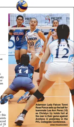  ??  ?? Adamson Lady Falcon Tonni Rose Ponce sets up the ball for teammate Lea Ann Perez (10) as Chrislyn Uy holds fort at the rear in their game against Arellano U yesterday in the PVL Collegiate Conference. eRNIe PeNAReDoND­o
