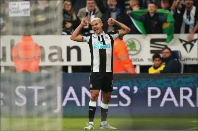  ?? ?? Newcastle’s Bruno Guimaraes celebrates after scoring his side’s second goal against Arsenal