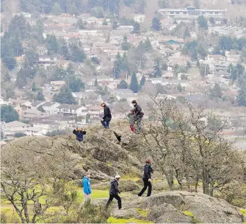  ??  ?? Hikers scramble at the summit of Mount Douglas. Many park users are turning what used to be deer trails into unofficial branches of main trails, and leaving damage in their wake, Monique Keiran writes.