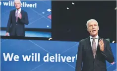  ??  ?? Mueller delivers his speech during a Volkswagen preview evening for the media on the eve of IAA motor show in Frankfurt am Main, western Germany, on September 11.Volkswagen is aiming to sell 1.5 million electric cars in China by 2025, its boss was...