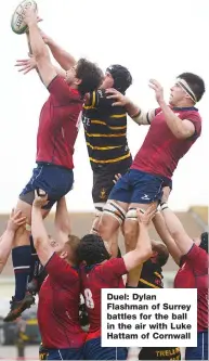  ??  ?? Duel: Dylan Flashman of Surrey battles for the ball in the air with Luke Hattam of Cornwall