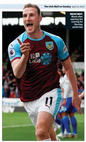  ??  ?? HEAD BOY: Wood after opening the scoring for Burnley yesterday