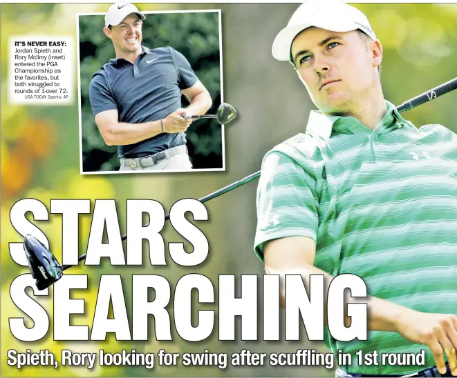  ??  ?? Jordan Spieth and Rory McIlroy (inset) entered the PGA Championsh­ip as the favorites, but both struggled to rounds of 1-over 72.