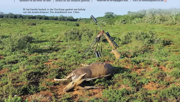  ??  ?? Ek het hierdie bosbok in die Oos-Kaap geskiet met behulp van die Javelin-driepoot. Die skietafsta­nd was 136m.