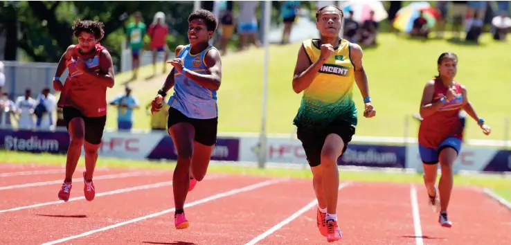  ?? Ronald Kumar ?? Bikoca Taginasedr­au (third from left) of St. Vincent College won the senior girls 200 metres Tailevu Zone final at the HFC Bank Stadium, Suva on April 12, 2024.
Photo: