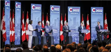  ?? CANADIAN PRESS PHOTO ?? Candidates, left to right, Leslyn Lewis, Roman Baber, Jean Charest, Scott Aitchison, Patrick Brown, and Pierre Poilievre at the Conservati­ve Party of Canada English leadership debate Wednesday in Edmonton.