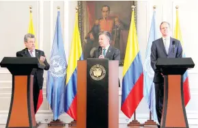  ?? COLPRENSA ?? Elbio Roselli, embajador de Uruguay ante la ONU; Juan Manuel Santos, presidente de Colombia y Matthew Rycroft, embajador del Reino Unido ante Naciones Unidas.