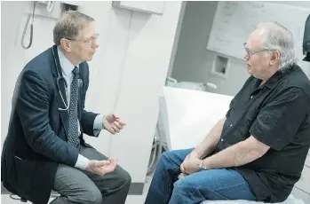  ?? UBC FACULTY OF MEDICINE ?? Study participan­t Chris Phillips, right, talks to Dr. Martin Dawes, who is leading a study on gene aberration­s that could affect how patients react to common medication­s. A software program for doctors is in the works.