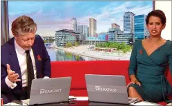  ?? ?? IS THERE BEEF? Naga Munchetty pulls various scornful faces as co-presenter Charlie Stayt discusses Scotch pies on BBC Breakfast on Thursday