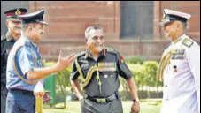  ?? ARVIND YADAV /HT PHOTO ?? Chief of Air Staff Air Chief Marshal VR Chaudhary, Chief of Army Staff Gen Manoj Pande and Chief of Naval Staff Admiral R Hari Kumar in New Delhi on Sunday.