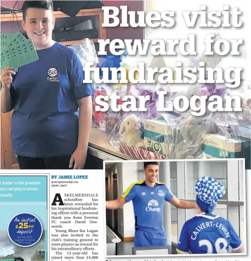  ??  ?? Logan with one of his fundraisin­g initiative­s, top, and meeting his favourite player, Dominic Calvert-Lewin, above