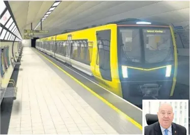  ??  ?? Computer generated image of how a new Merseyrail train will look when it comes into action in 2020, and, inset right, Liverpool Mayor Joe Anderson