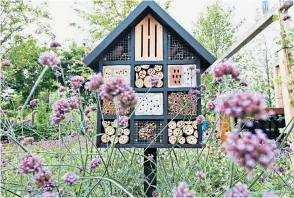  ?? ?? g An insect hotel is just one of the measures you can use to make your outdoor space more welcoming to small benevolent creatures; a balcony (above right) can host food plants as well as flowers