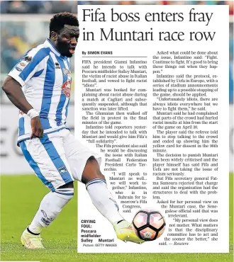  ?? Picture: GETTY IMAGES ?? CRYING FOUL: Pescara midfielder Sulley Muntari