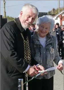  ??  ?? Mayor of Wexford Jim Moore and Bega O’Beirne, wife of the St Phelim pilot Captain Barney O’Beirne, who died in the crash, cut the ribbon at the memorial.