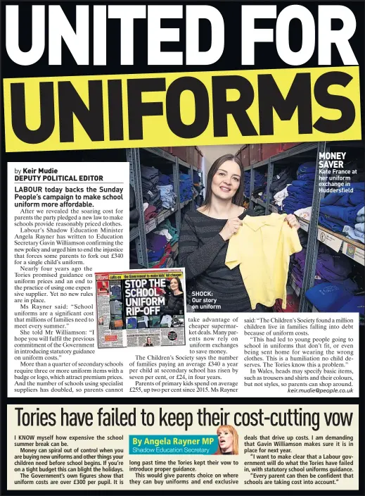  ??  ?? SHOCK: Our story on uniform MONEY SAVER
Kate France at her uniform exchange in Huddersfie­ld