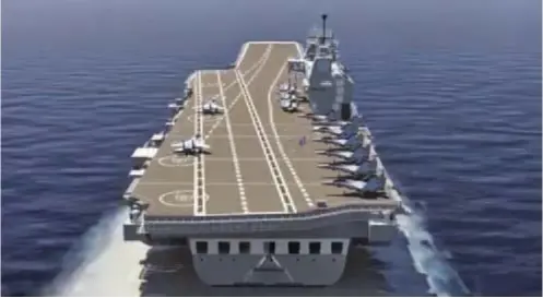  ??  ?? This computer generated image of the INS Vikrant (IAC-1) shows MiG-29Ks on deck (courtesy DND)