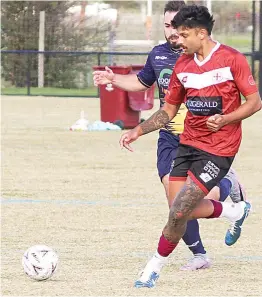  ?? ?? Bunyip Strikers’ Liam Jones scored a hat-trick for the Yippers during their 6-1 win over Pakenham.