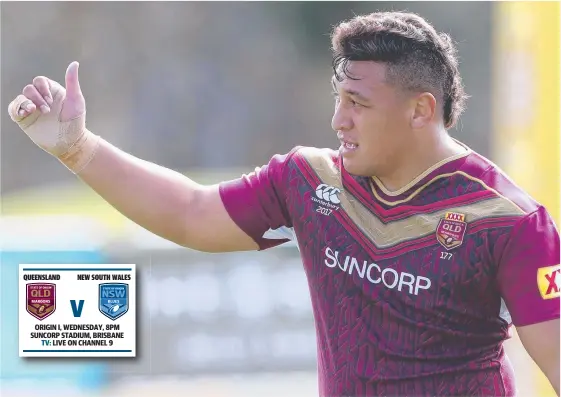  ?? Picture: PETER WALLIS ?? Josh Papalii is pretty happy with his efforts on the training track at Queensland’s Origin camp.