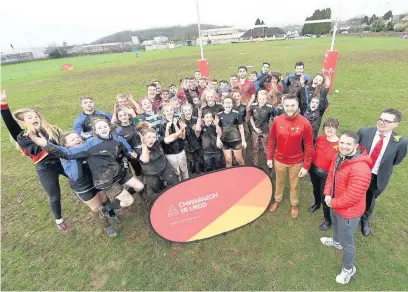  ??  ?? WRU Head of Rugby Participat­ion Ryan Jones, Urdd Chief Executive Sioned Hughes, Shane Williams and Bridgend Council Leader Huw David, at the launch of the sevens tournament at Pencoed