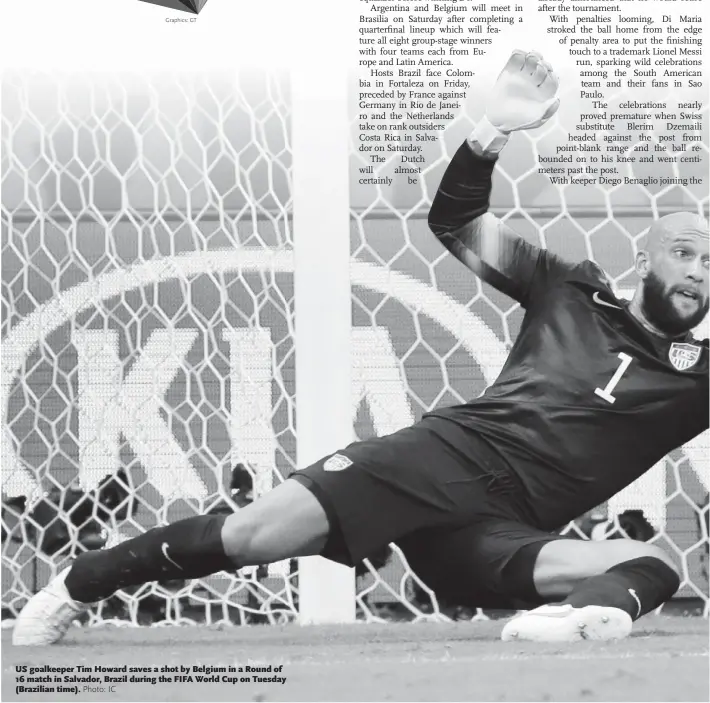  ?? Photo: IC ?? US goalkeeper Tim Howard saves a shot by Belgium in a Round of 16 match in Salvador, Brazil during the FIFA World Cup on Tuesday (Brazilian time).