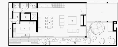  ??  ?? 10 8 9 7 6 4
First-Storey Plan 5 3 2 11 1
Legend: 1 Car Porch | 2 Living | 3 Dining | 4 Kitchen | 5 Powder Room | 6 Household Shelter | 7 Utility | 8 Toilet | 9 Laundry | 10 Yard | 11 Garden | 12 Foyer | 13 Corridor | 14 Roof Garden | 15 Bedroom | 16 Bathroom | 17 Walk-In Wardrobe | 18 Guest Room | 19 Guest Bathroom | 20 Master Bedroom | 21 Master Walk-In Wardrobe | 22 Master Bathroom | 23 Store | 24 Study | 25 Garden’s Store | 26 Roof Garden | 27 Roof Terrace.
Opposite: The expression of plants at the edge of the architectu­ral form leads to a changeable character – a house defined by nature’s whim as much as by the architect.