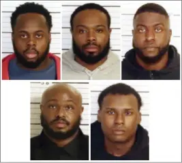  ?? SHELBY COUNTY SHERIFF'S OFFICE VIA AP ?? This combo of booking images shows, from top row from left, Tadarrius Bean, Demetrius Haley and Emmitt Martin III; bottom row from left, Desmond Mills Jr. and Justin Smith. The five former Memphis police officers have been charged with second-degree murder and other crimes in the arrest and death of Tyre Nichols, a Black motorist who died three days after a confrontat­ion with the officers during a traffic stop.